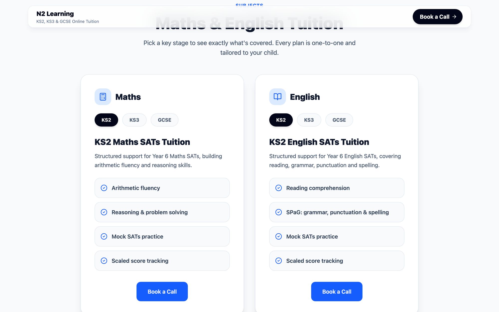 N2 Learning subject guide showing KS2 Maths and English SATs tuition, with key stage tabs and a list of what each course covers.