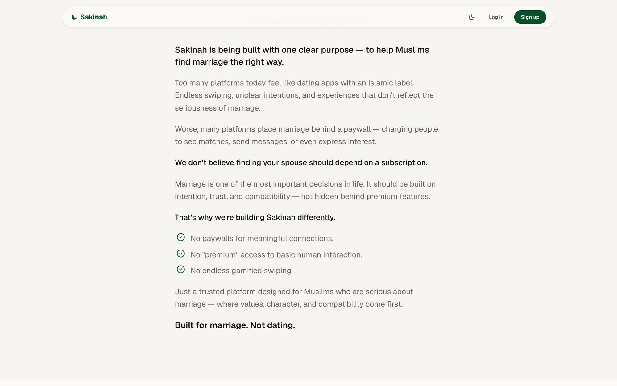 Sakinah’s mission statement explaining why it has no paywalls, no premium tiers and no gamified swiping.