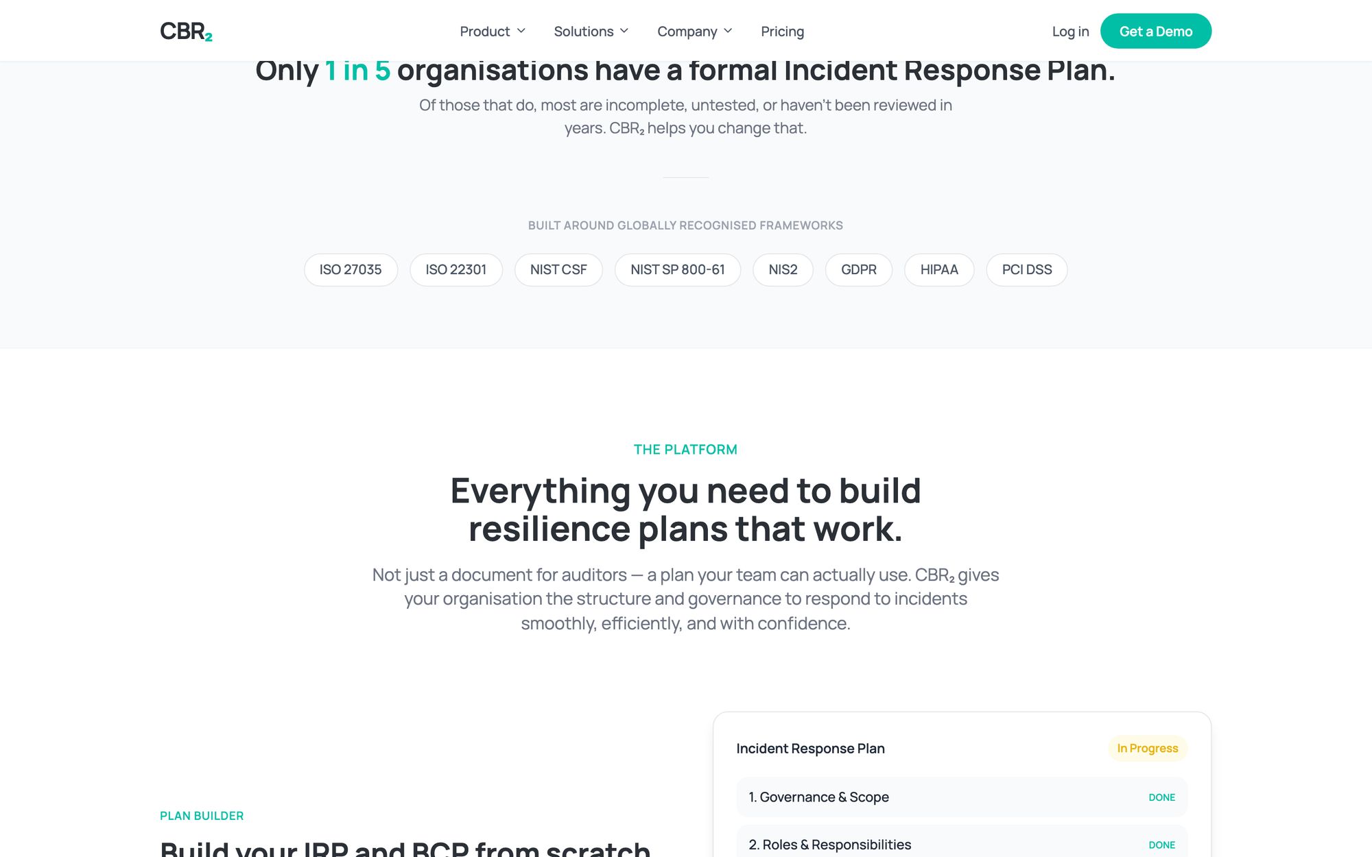 CBR₂ platform section listing supported frameworks including ISO 27035, ISO 22301, NIST CSF and NIST SP 800-61.