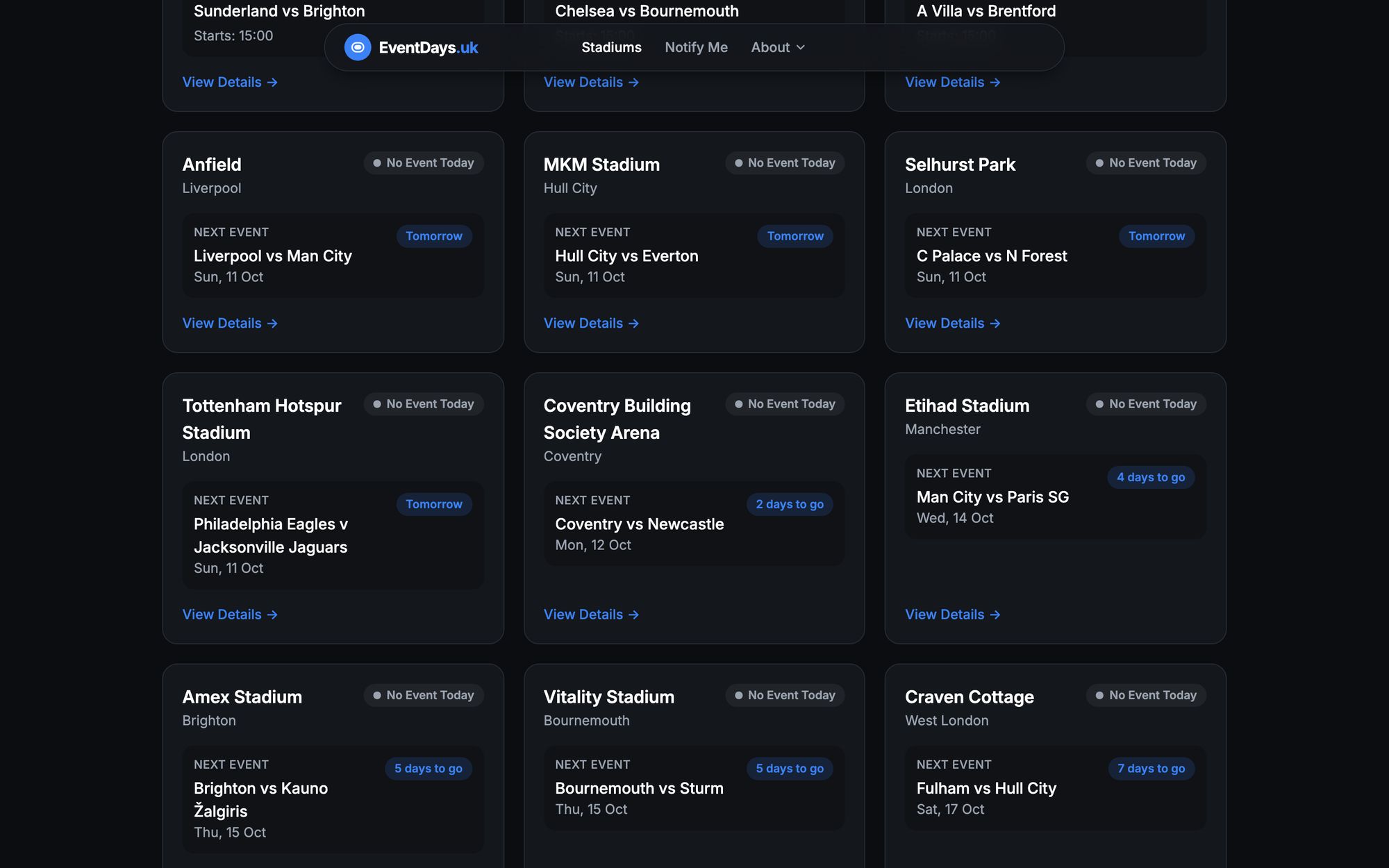 Grid of stadium cards on EventDays.uk, each showing whether there is an event today and the next upcoming fixture.
