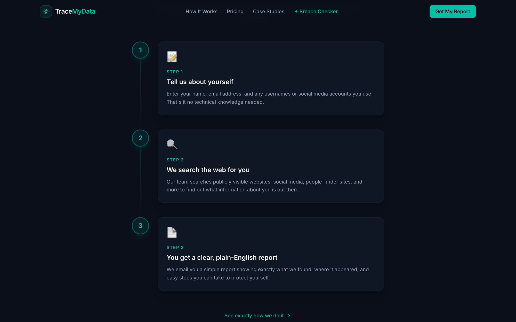 TraceMyData’s three-step explanation: tell us about yourself, we search the web for you, you get a clear plain-English report.