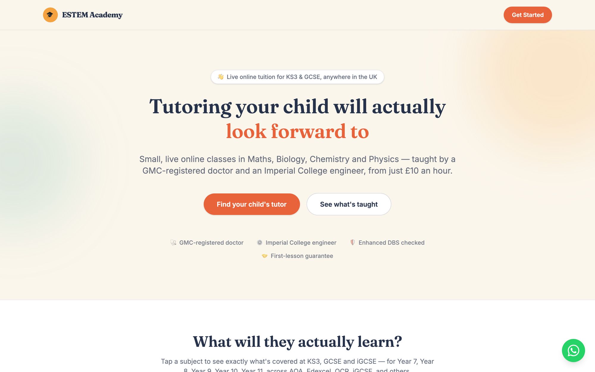 ESTEM Academy homepage with the headline “Tutoring your child will actually look forward to” and buttons to find a tutor or see what’s taught.