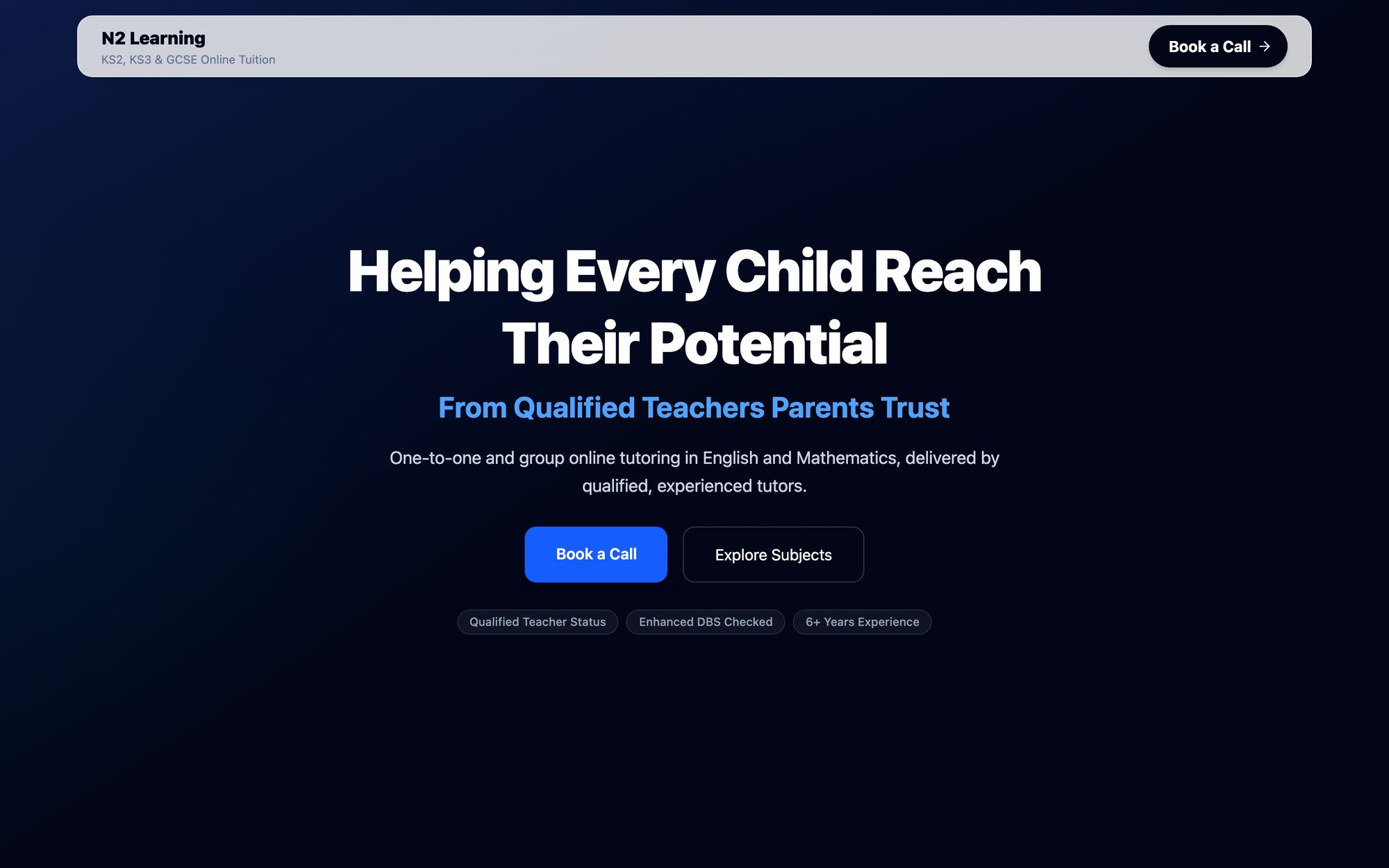 N2 Learning homepage with the headline “Helping every child reach their potential” and buttons to book a call or explore subjects.