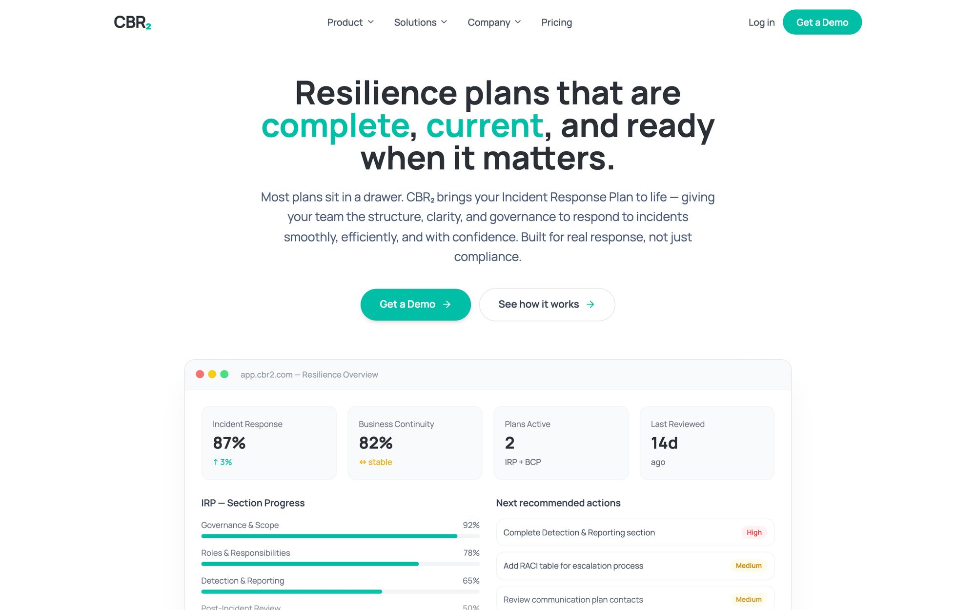 CBR₂ homepage with the headline “Resilience plans that are complete, current, and ready when it matters”, above a preview of the resilience overview dashboard.