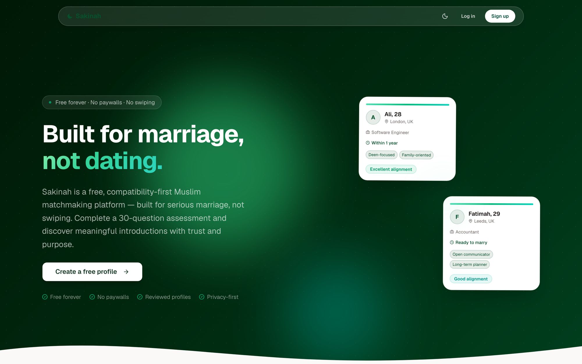 Sakinah homepage with the headline “Built for marriage, not dating.” beside example compatibility profile cards.