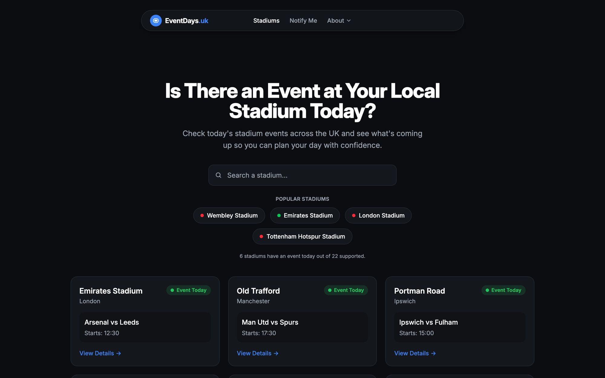 EventDays.uk homepage asking “Is there an event at your local stadium today?”, with a stadium search and cards showing today’s fixtures.
