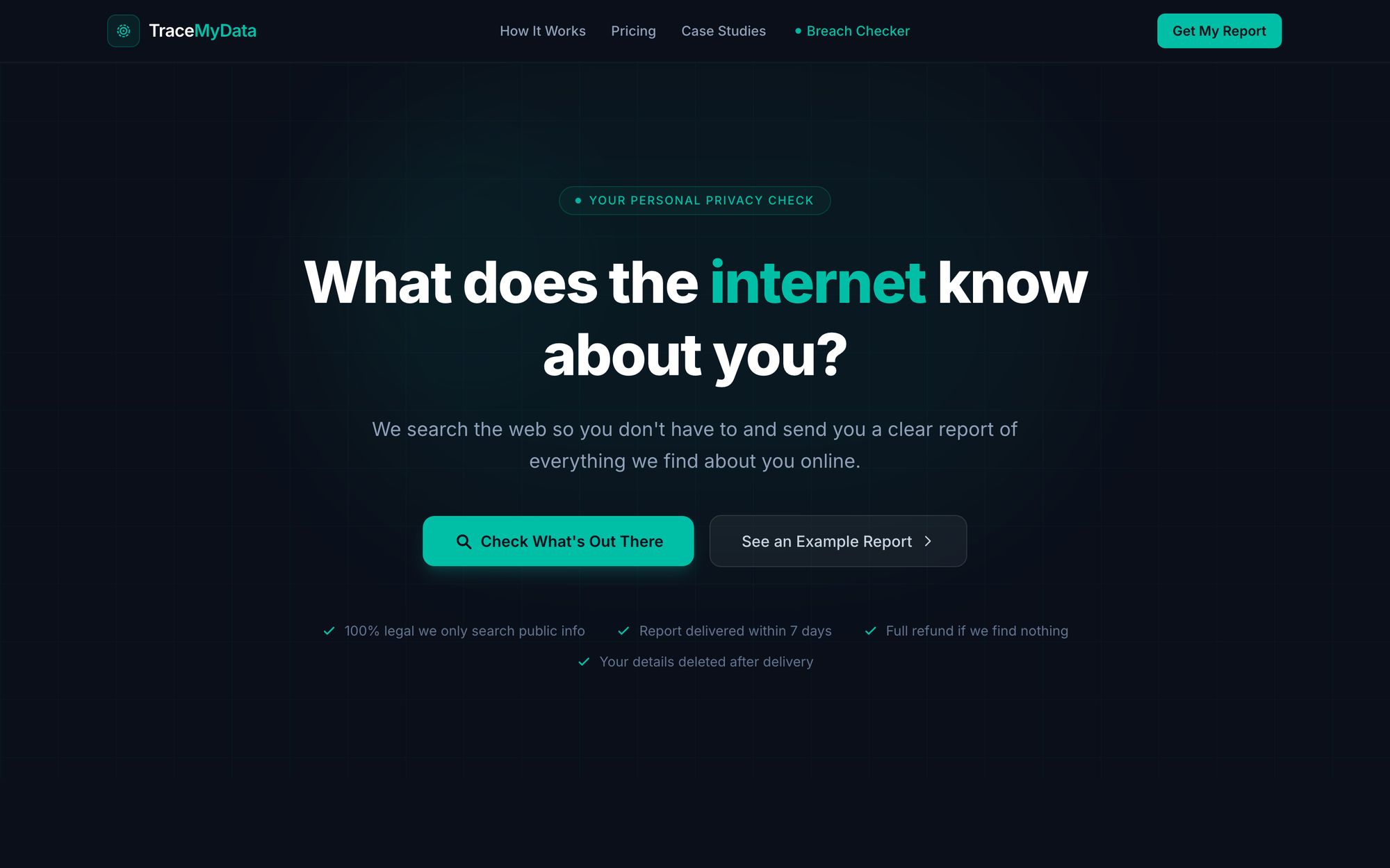 TraceMyData homepage with the headline “What does the internet know about you?” and buttons to check your exposure or see an example report.