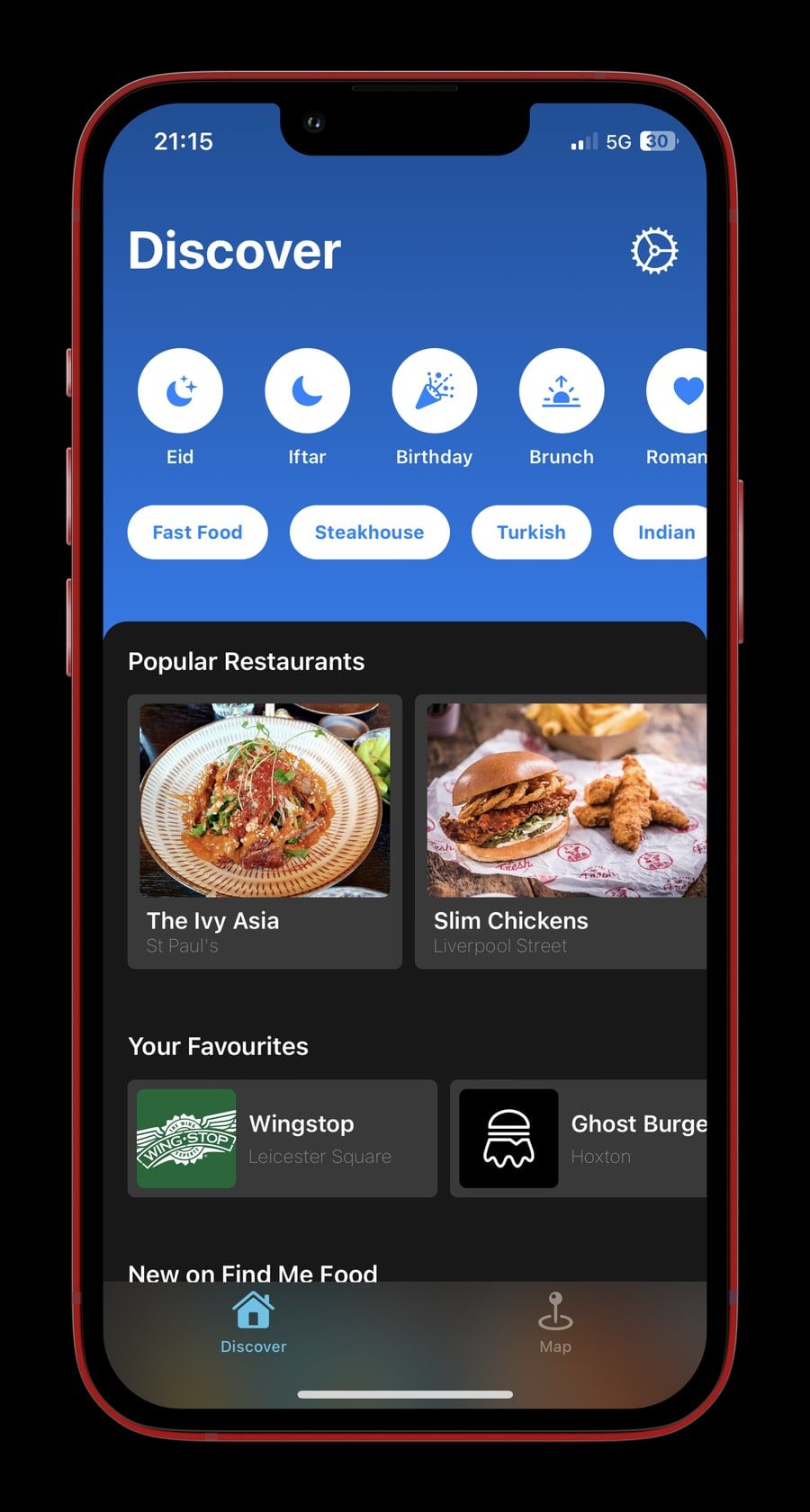 Find Me Food Discover screen on an iPhone, with occasion shortcuts for Eid, Iftar, Birthday and Brunch, cuisine filters, popular restaurants and favourites.