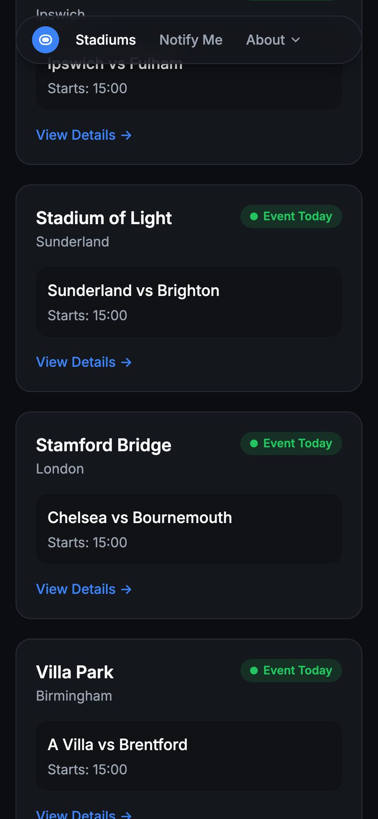 EventDays.uk stadium cards on a mobile screen.