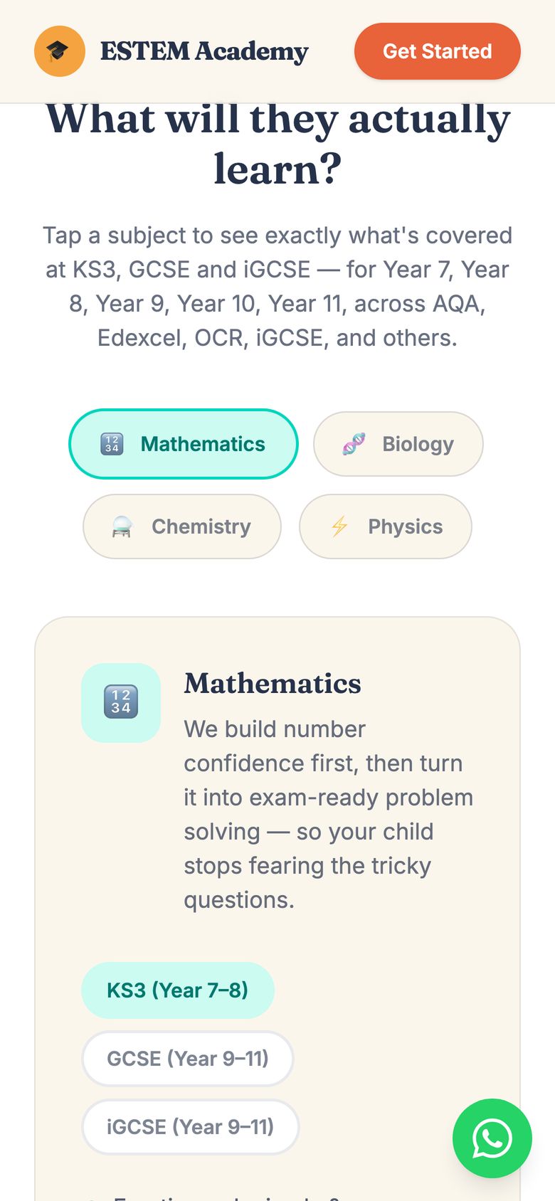 ESTEM Academy subject explorer on a mobile screen.