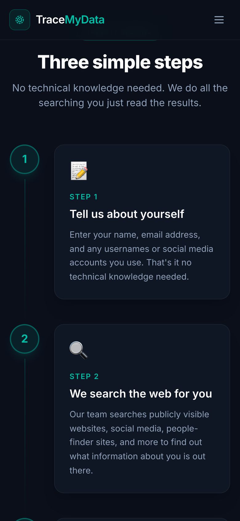 TraceMyData’s how-it-works steps on a mobile screen.