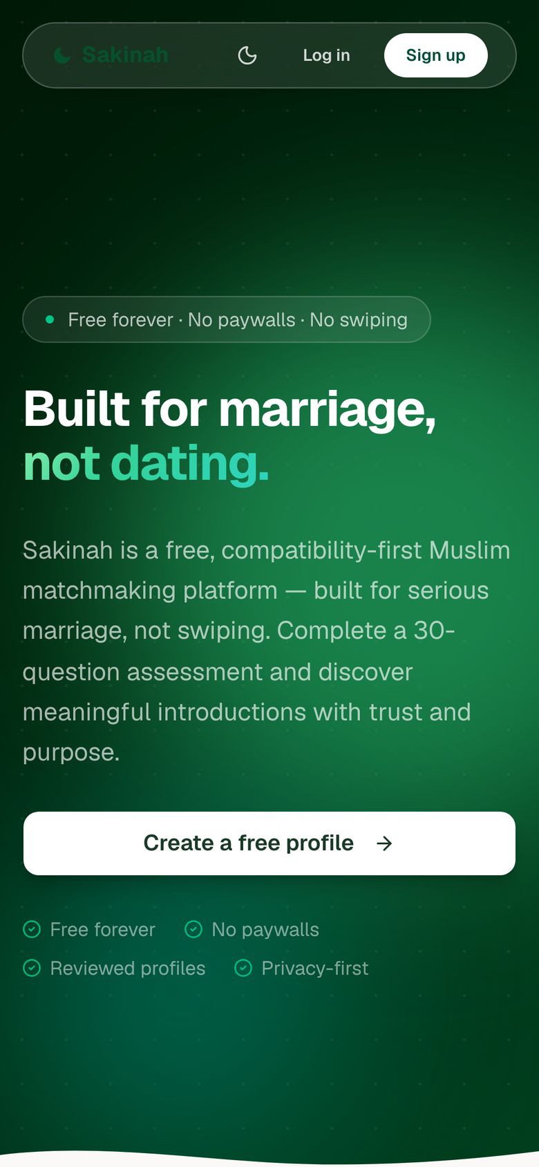Sakinah homepage on a phone, with the headline “Built for marriage, not dating.”