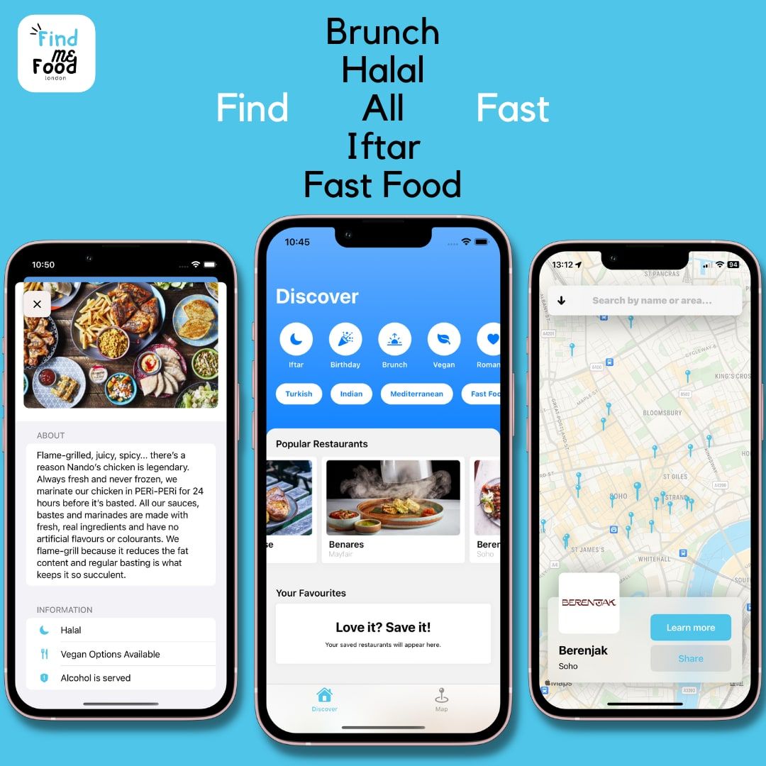 Three Find Me Food app screens: a restaurant page showing halal and vegan information, the Discover screen with occasions and cuisines, and a map of restaurants in central London.